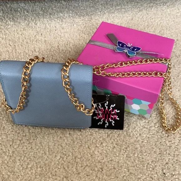 OLIVIA MILLER Faux Leather Blue Wallet With Gold Chain Strap NWT and Gift Box - Picture 3 of 16